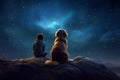 Generative AI. A little girl sits on top of a mountain with a dog and admires the views of night sky with a nebula and Royalty Free Stock Photo