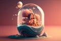 Generative AI of a little house in a glass sphere with an island Royalty Free Stock Photo