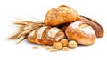 Generative AI Loaves of different bread and wheat ears isolated on white background business concept.