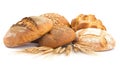 Generative AI Loaves of different bread and wheat ears isolated on white background business concept.