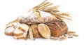 Generative AI Loaves of different bread and wheat ears isolated on white background business concept.