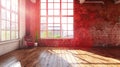 Generative AI Loft studio Interior in old house. Big windows, brick red wall business concept. Royalty Free Stock Photo