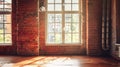 Generative AI Loft studio Interior in old house. Big windows, brick red wall business concept. Royalty Free Stock Photo