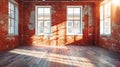 Generative AI Loft studio Interior in old house. Big windows, brick red wall business concept. Royalty Free Stock Photo