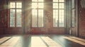 Generative AI Loft studio Interior in old house. Big windows, brick red wall business concept. Royalty Free Stock Photo