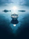 Generative AI: lonely boat in paradisiacal and calm landscape