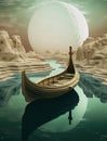Generative AI: lonely boat in paradisiacal and calm landscape