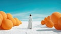 Generative AI. A lonely female figure in a white dress and big orange balloons. Blue sky and white desert. Conceptual, creative Royalty Free Stock Photo