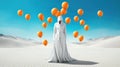 Generative AI. A lonely female figure in a white dress with a hood and orange balloons. Blue sky and white desert. Conceptual, Royalty Free Stock Photo