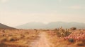 Generative AI, lonely road in the desert, aesthetic, muted neutral colors, cacti