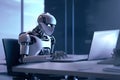 AI that looks like a human Working on a table with a laptop in the office of the company