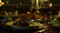 Generative AI luxury dinner served on the table with glass of red wine business concept. Royalty Free Stock Photo