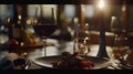 Generative AI luxury dinner served on the table with glass of red wine business concept. Royalty Free Stock Photo