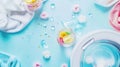 Generative AI Machine washing concept Capsules with detergent soft towels and cotton flowers Laundry pods liquid c Royalty Free Stock Photo