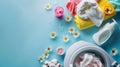 Generative AI Machine washing concept Capsules with detergent soft towels and cotton flowers Laundry pods liquid c Royalty Free Stock Photo