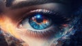 Generative AI. Macro photography of the magical female eye of a fairy or elf in close-up. The iris of the eye. Fantasy magic