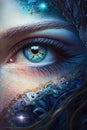 Generative AI. Macro photography of the magical female eye of a fairy or elf in close-up. The iris of the eye. Fantasy magic.