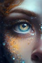 Generative AI. Macro photography of the magical female eye of a fairy or elf in close-up. The iris of the eye. Fantasy magic.