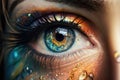 Generative AI. Macro photography of the magical female eye of a fairy or elf in close-up. The iris of the eye. Fantasy magic