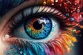 Generative AI. Macro photography of an unreal human female eye close-up. The iris of the eye. Rainbow colors . Vertical