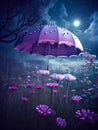 Generative AI: magic purple umbrella in a fantasy landscape