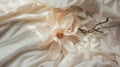 Generative AI Magnolia flower flat lay morning in bed concept composition Top view business concept. Royalty Free Stock Photo