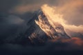 Generative AI Majestic foggy morning in snowy mountains with craggy peak First light from sunrise on Mount Machhap