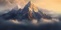 Generative AI Majestic foggy morning in snowy mountains with craggy peak First light from sunrise on Mount Machhap