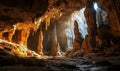 Majestic Limestone Cave Interior Illuminated by Natural Light, Featuring Stalactites and Stalagmites in an Ancient Subterranean