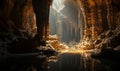 Majestic Limestone Cave Interior Illuminated by Natural Light, Featuring Stalactites and Stalagmites in an Ancient Subterranean
