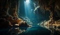 Majestic Limestone Cave Interior Illuminated by Natural Light, Featuring Stalactites and Stalagmites in an Ancient Subterranean