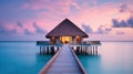 Generative AI, Maldives travel destination, Water hotel resort bungalows.