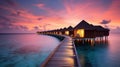 Generative AI, Maldives travel destination, Water hotel resort bungalows.