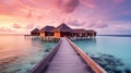 Generative AI, Maldives travel destination, Water hotel resort bungalows.