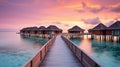 Generative AI, Maldives travel destination, Water hotel resort bungalows.