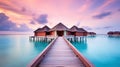 Generative AI, Maldives travel destination, Water hotel resort bungalows.