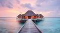 Generative AI, Maldives travel destination, Water hotel resort bungalows.