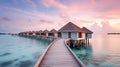 Generative AI, Maldives travel destination, Water hotel resort bungalows.