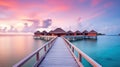 Generative AI, Maldives travel destination, Water hotel resort bungalows.