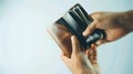 Generative AI Man hand open an empty wallet on white background business concept. Royalty Free Stock Photo