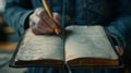 Generative AI Man Holding Pencil over Blank Page of a Notebook business concept.