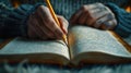 Generative AI Man Holding Pencil over Blank Page of a Notebook business concept.