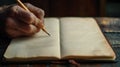 Generative AI Man Holding Pencil over Blank Page of a Notebook business concept.
