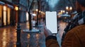 Generative AI Man holding smartphone showing white blank screen at street business concept.