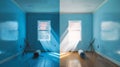 Generative AI Before and After of Man Painting Roller to Reveal Newly Remodeled Room with Fresh Blue Paint and New