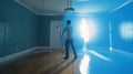 Generative AI Before and After of Man Painting Roller to Reveal Newly Remodeled Room with Fresh Blue Paint and New