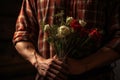 Generative AI man in a red checked shirt holds a bouquet of white and red roses. The guy was going on a date. A surprise
