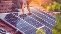 Generative AI Man technician mounting photovoltaic solar panels on roof of house Close up view of mounter installi Royalty Free Stock Photo