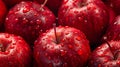 Generative AI many red ripe apples closeup with water drops business concept.