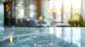 Generative AI marble table top with blurred abstract hotel interior background business concept. Royalty Free Stock Photo